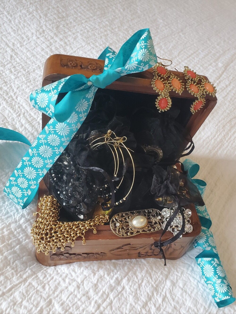 Vintage Carved Jewellery Box Filled With Mystery Jewellery